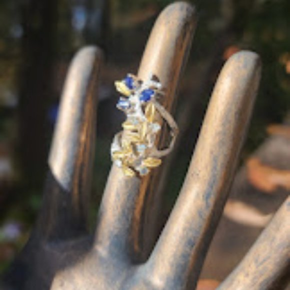 Sapphire & aquamarine sterling & gold finger cuff sz6.5 - Picture 3 of 11